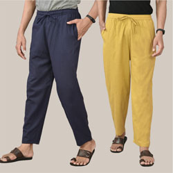Combo of 2 Cotton Men Handloom Pant Lemon Yellow and Navy Blue-36675