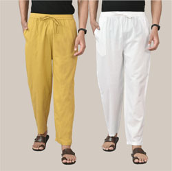 Combo of 2 Cotton Men Handloom Pant Lemon Yellow and White-36680