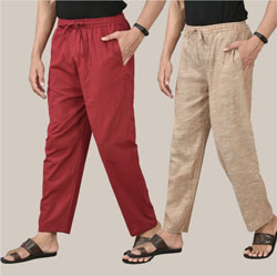 Combo of 2 Cotton Men Handloom Pant Light Beige and Maroon-36681