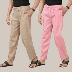Combo of 2 Cotton Men Handloom Pant Light Beige and Pink-36684