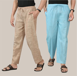 Combo of 2 Cotton Men Handloom Pant Light Beige and Sky Blue-36686