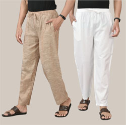 Combo of 2 Cotton Men Handloom Pant Light Beige and White-36688