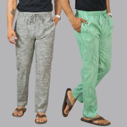Combo of 2 Cotton Men Handloom Pant Light Gray and Green-44438