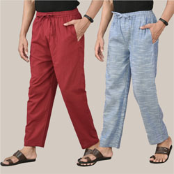 Combo of 2 Cotton Men Handloom Pant Maroon and Denim-36654