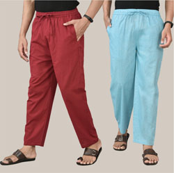 Combo of 2 Cotton Men Handloom Pant Maroon and Sky Blue-36693