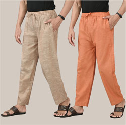 Combo of 2 Cotton Men Handloom Pant Mustard and Light Beige-36682