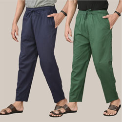 Combo of 2 Cotton Men Handloom Pant Navy Blue and Bottle Green-36633