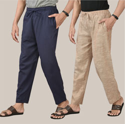 Combo of 2 Cotton Men Handloom Pant Navy Blue and Light Beige-36683