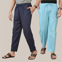 Combo of 2 Cotton Men Handloom Pant Navy Blue and Sky Blue-36704