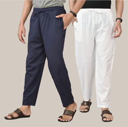 Combo of 2 Cotton Men Handloom Pant Navy Blue and White-36706
