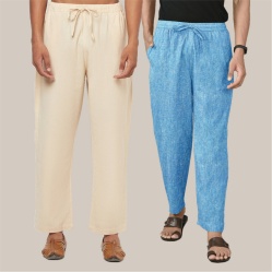 Combo of 2 Cotton Men Handloom Pant Sky Blue and Cream-40067