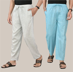 Combo of 2 Cotton Men Handloom Pant Sky Blue and White-36714