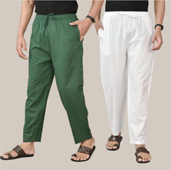 Combo of 2 Cotton Men Handloom Pant White and Bottle Green-36638