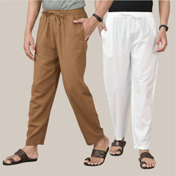 Combo of 2 Cotton Men Handloom Pant White and Brown-36650