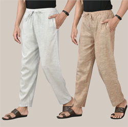 Combo of 2 Cotton Men Handloom Pant White and Light Beige-36687