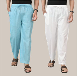 Combo of 2 Cotton Men Handloom Pant White and Sky Blue-36715