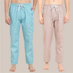 Combo of 2 Cotton Men Handloom Pyjama Pant Cyan and Beige-39509