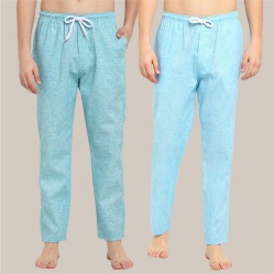 Combo of 2 Cotton Men Handloom Pyjama Pant Cyan and Denim-39494