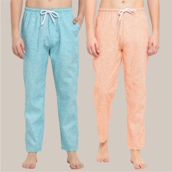 Combo of 2 Cotton Men Handloom Pyjama Pant Cyan and Peach-39499