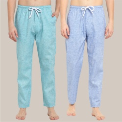 Combo of 2 Cotton Men Handloom Pyjama Pant Cyan and Sky Blue-39503
