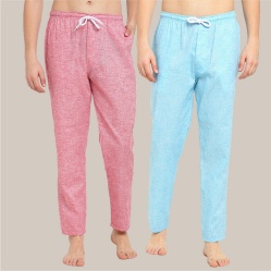 Combo of 2 Cotton Men Handloom Pyjama Pant Pink and Denim-39492