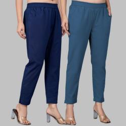 Combo of 2 Cotton Navy Blue and Denim Women Regular Fit Solid Trousers-47652