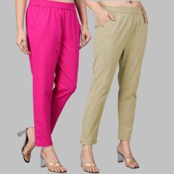 Combo of 2 Cotton Pink and Beige Women Regular Fit Solid Trousers-47595