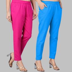 Combo of 2 Cotton Pink and Blue Women Regular Fit Solid Trousers-47591