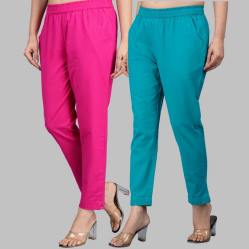 Combo of 2 Cotton Pink and Cyan Women Regular Fit Solid Trousers-47594