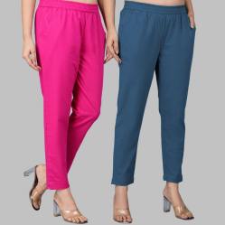 Combo of 2 Cotton Pink and Denim Women Regular Fit Solid Trousers-47598