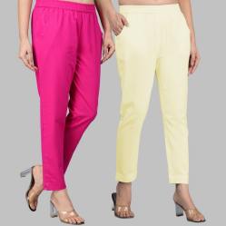 Combo of 2 Cotton Pink and Lemon Yellow Women Regular Fit Solid Trousers-47590