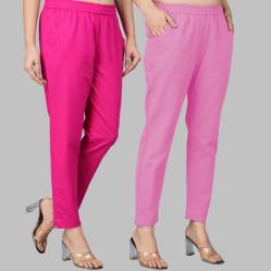 Combo of 2 Cotton Pink and Light Pink Women Regular Fit Solid Trousers-47592