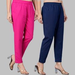 Combo of 2 Cotton Pink and Navy Blue Women Regular Fit Solid Trousers-47596