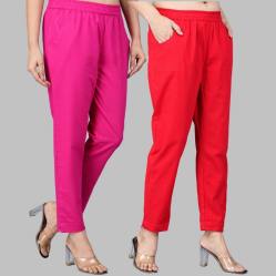 Combo of 2 Cotton Pink and Red Women Regular Fit Solid Trousers-47597