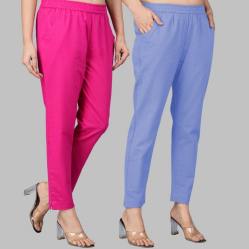 Combo of 2 Cotton Pink and Sky Blue Women Regular Fit Solid Trousers-47593