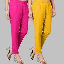 Combo of 2 Cotton Pink and Yellow Women Regular Fit Solid Trousers-47588