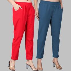 Combo of 2 Cotton Red and Denim Women Regular Fit Solid Trousers-47653