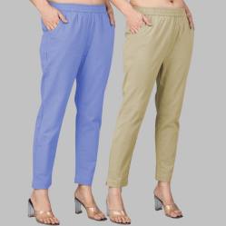 Combo of 2 Cotton Sky Blue and Beige Women Regular Fit Solid Trousers-47640