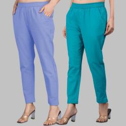 Combo of 2 Cotton Sky Blue and Cyan Women Regular Fit Solid Trousers-47639