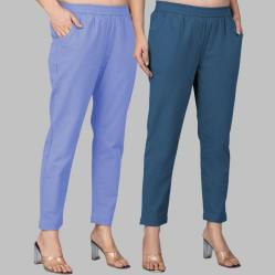 Combo of 2 Cotton Sky Blue and Denim Women Regular Fit Solid Trousers-47643