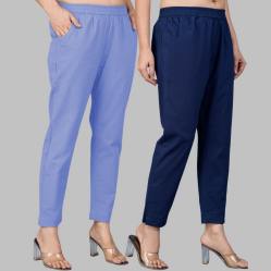 Combo of 2 Cotton Sky Blue and Navy Blue Women Regular Fit Solid Trousers-47641