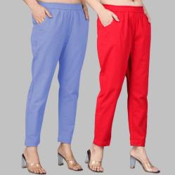 Combo of 2 Cotton Sky Blue and Red Women Regular Fit Solid Trousers-47642