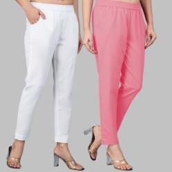 Combo of 2 Cotton White and Baby Pink Women Regular Fit Solid Trousers-47491