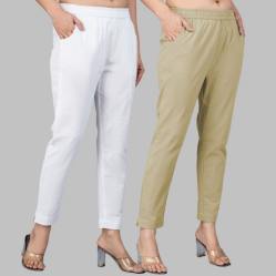 Combo of 2 Cotton White and Beige Women Regular Fit Solid Trousers-47497