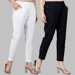 Combo of 2 Cotton White and Black Women Regular Fit Solid Trousers-47485