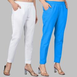 Combo of 2 Cotton White and Blue Women Regular Fit Solid Trousers-47493