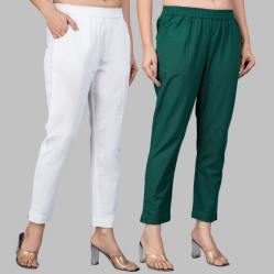 Combo of 2 Cotton White and Bottle Green Women Regular Fit Solid Trousers-47486