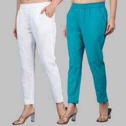 Combo of 2 Cotton White and Cyan Women Regular Fit Solid Trousers-47496