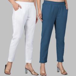 Combo of 2 Cotton White and Denim Women Regular Fit Solid Trousers-47500