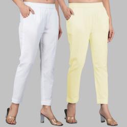 Combo of 2 Cotton White and Lemon Yellow Women Regular Fit Solid Trousers-47492